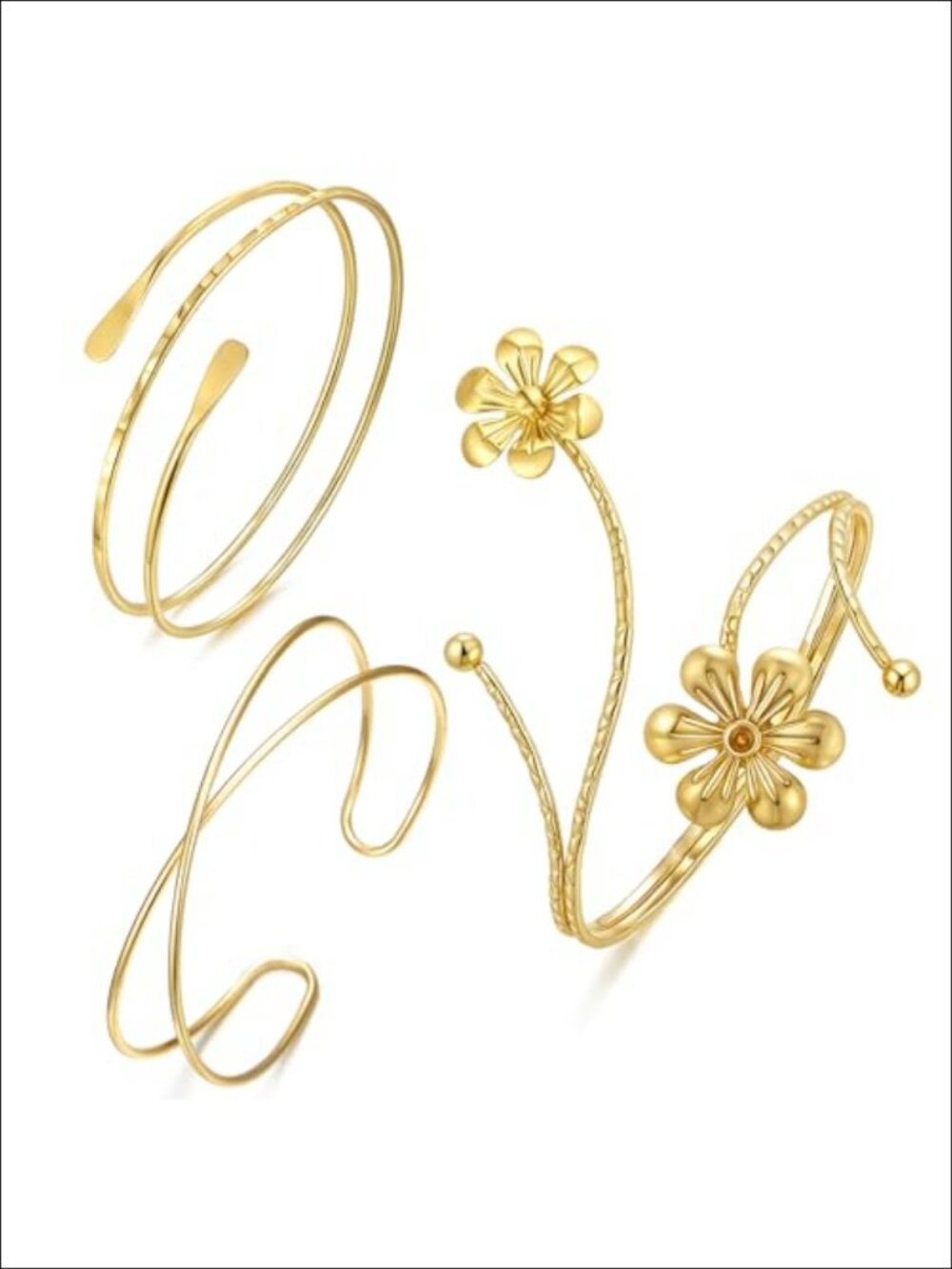 14k Gold Plated Arm Cuff Bracelet Set Adjustable Open Minimalist Jewelry 3 Pc